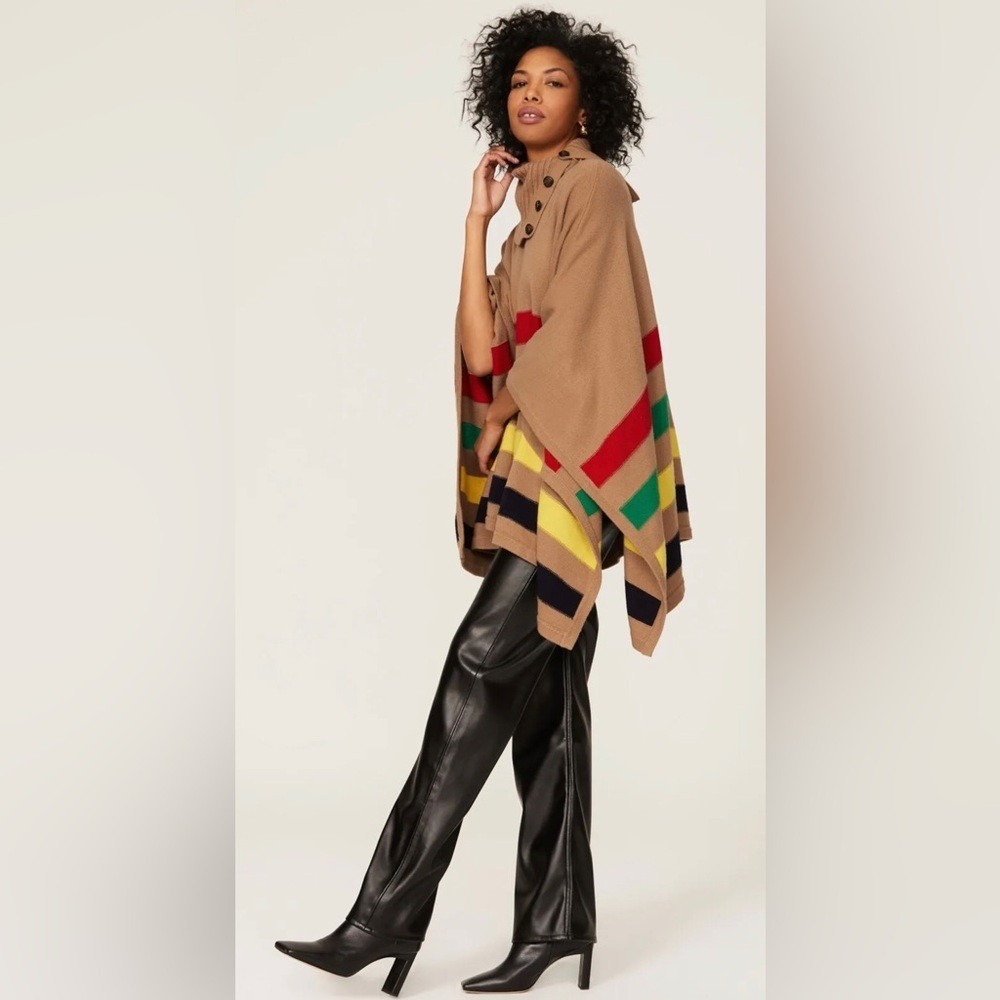 Lauren Ralph Lauren Poncho Women Small Medium Tan Multi Stripe Button Wool Blend - Picture 2 of 16